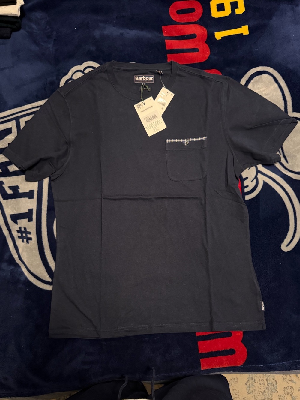 Barbour Tayside T-Shirt Men's XL Navy Tartan Pocket Tailored Fit NWT